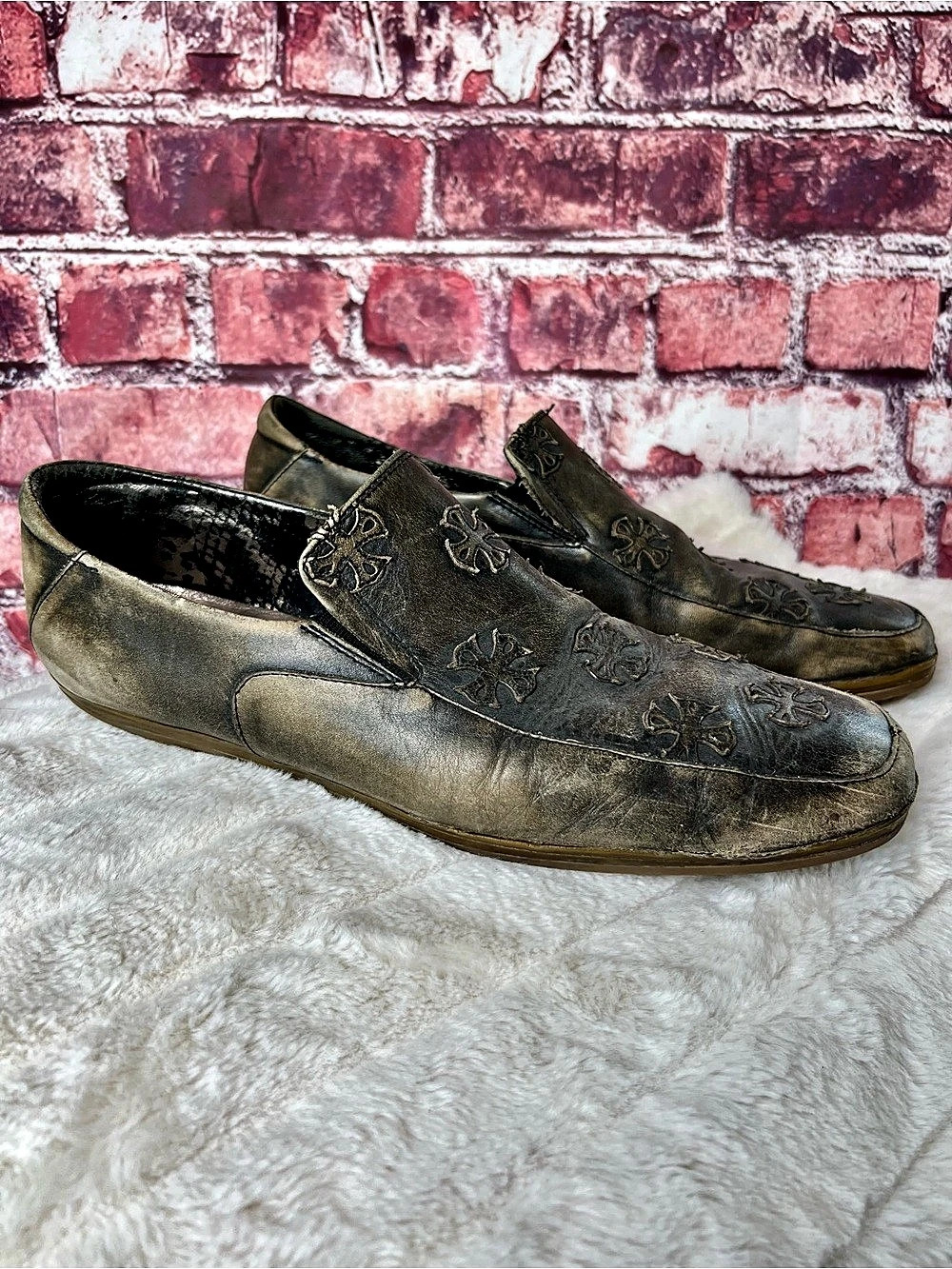 Lounge by Mark Nason Grey Distressed Leather Cross Embroidered Loafers 13